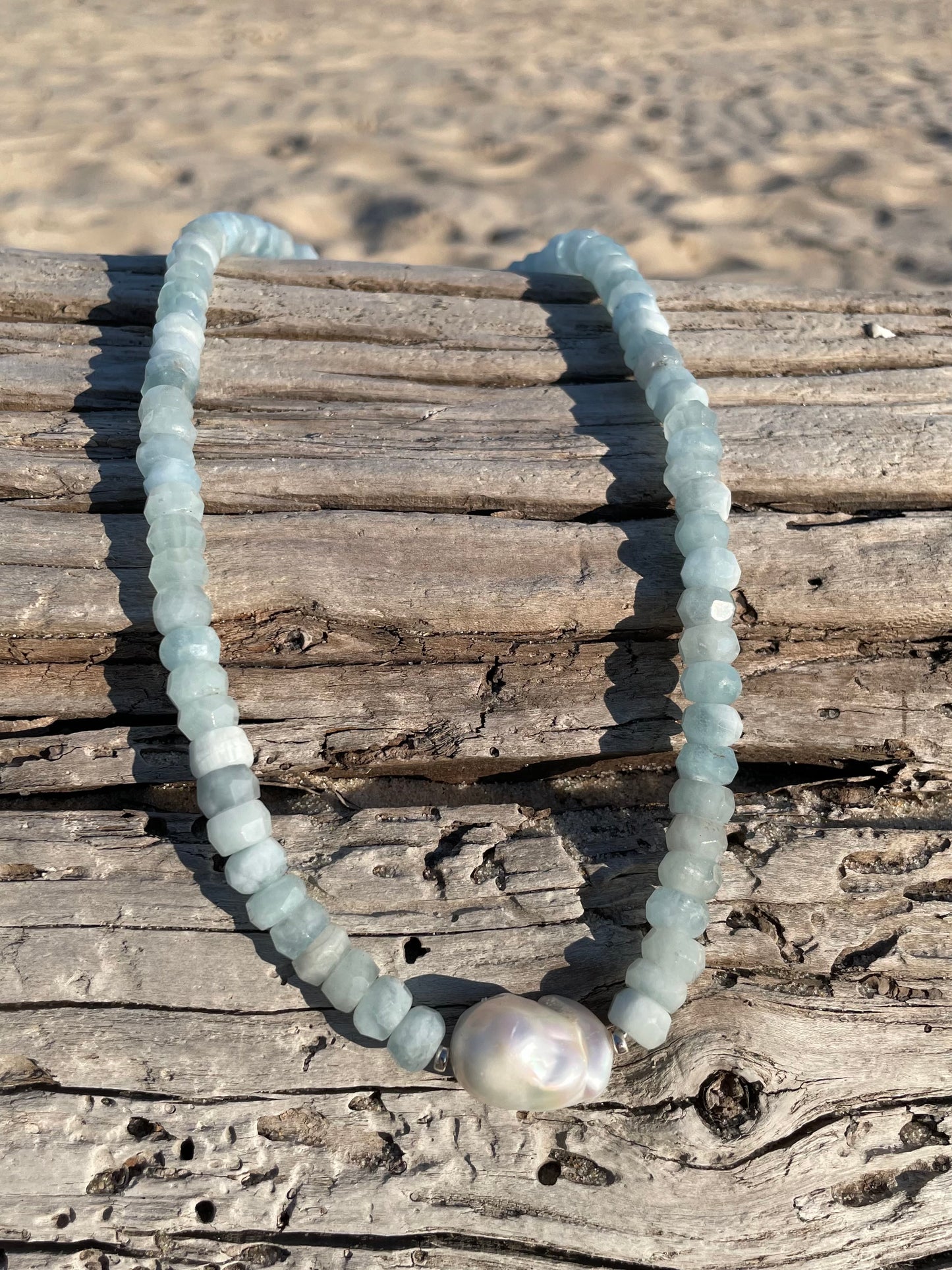 Aquamarine Rondell and Pearl Necklace
