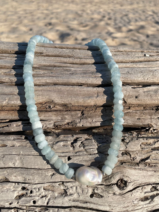 Aquamarine Rondell and Pearl Necklace