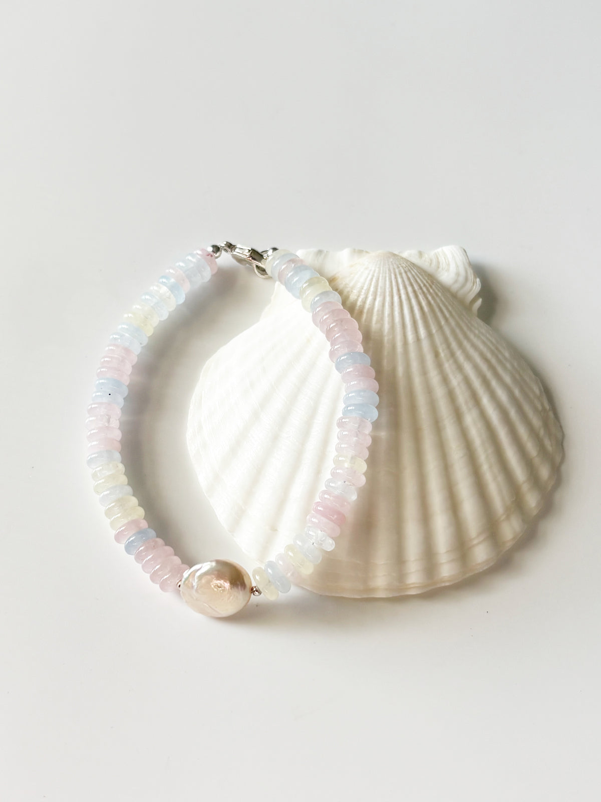 Light Morganite Jade and Coin Pearl Bracelet