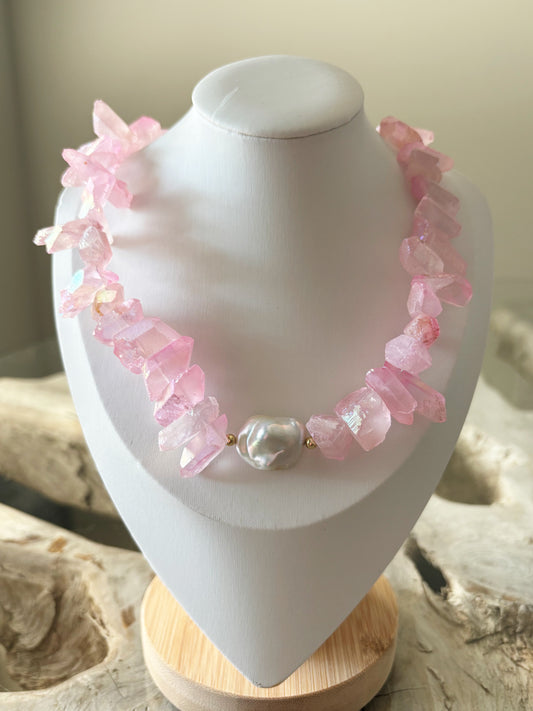 Chunky Pink Quartz and Pearl Necklace