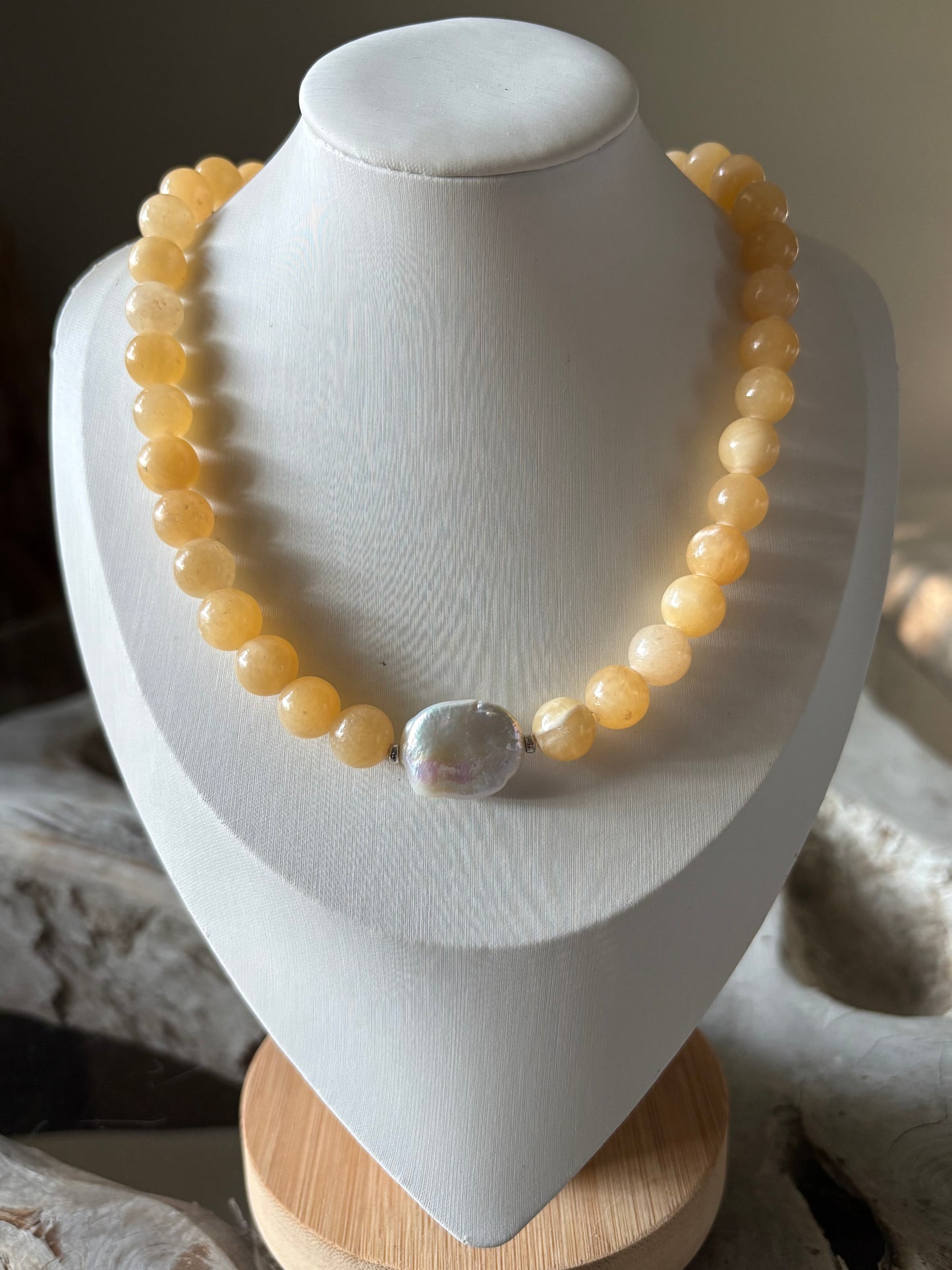 Yellow Jade and Pearl Necklace