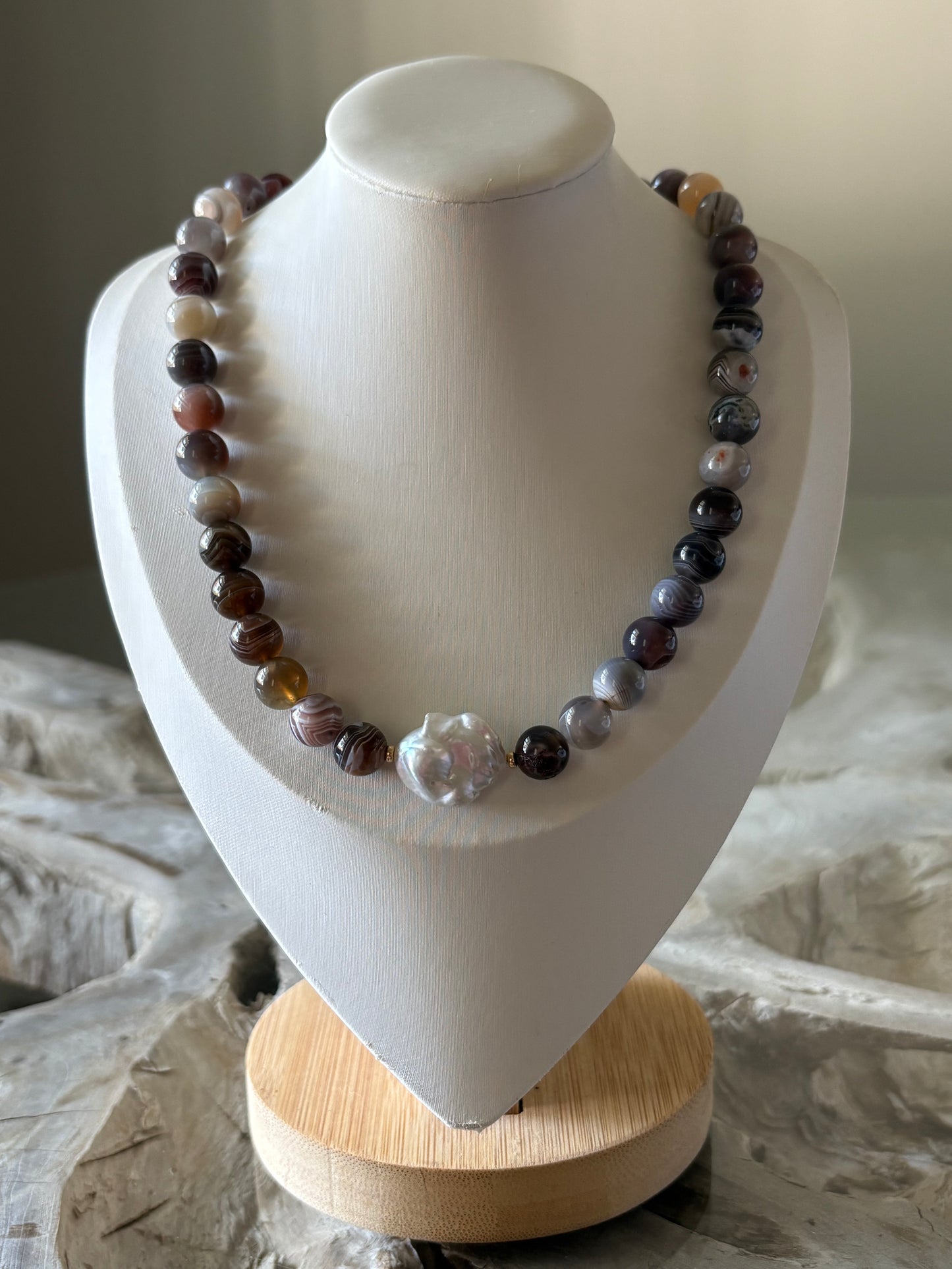 Botswana Agate and Pearl Necklace