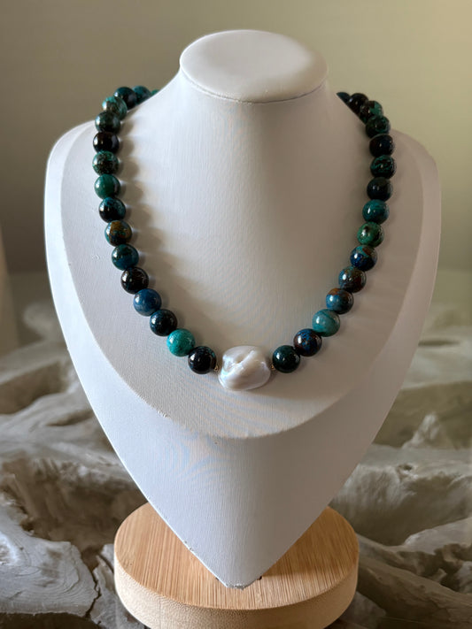 Azurite, Chrysocolla Malachite and Pearl Necklace