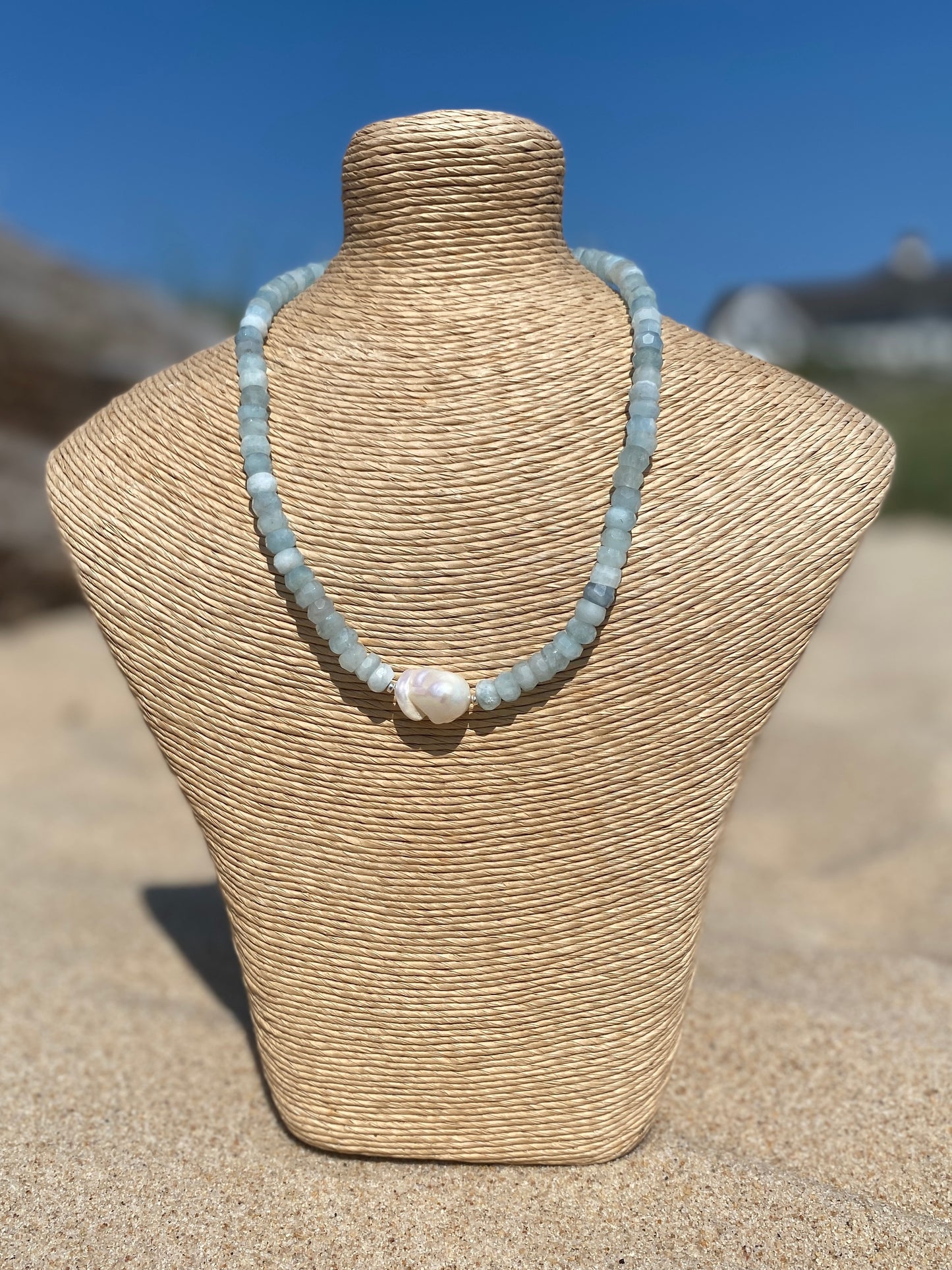 Aquamarine Rondell and Pearl Necklace