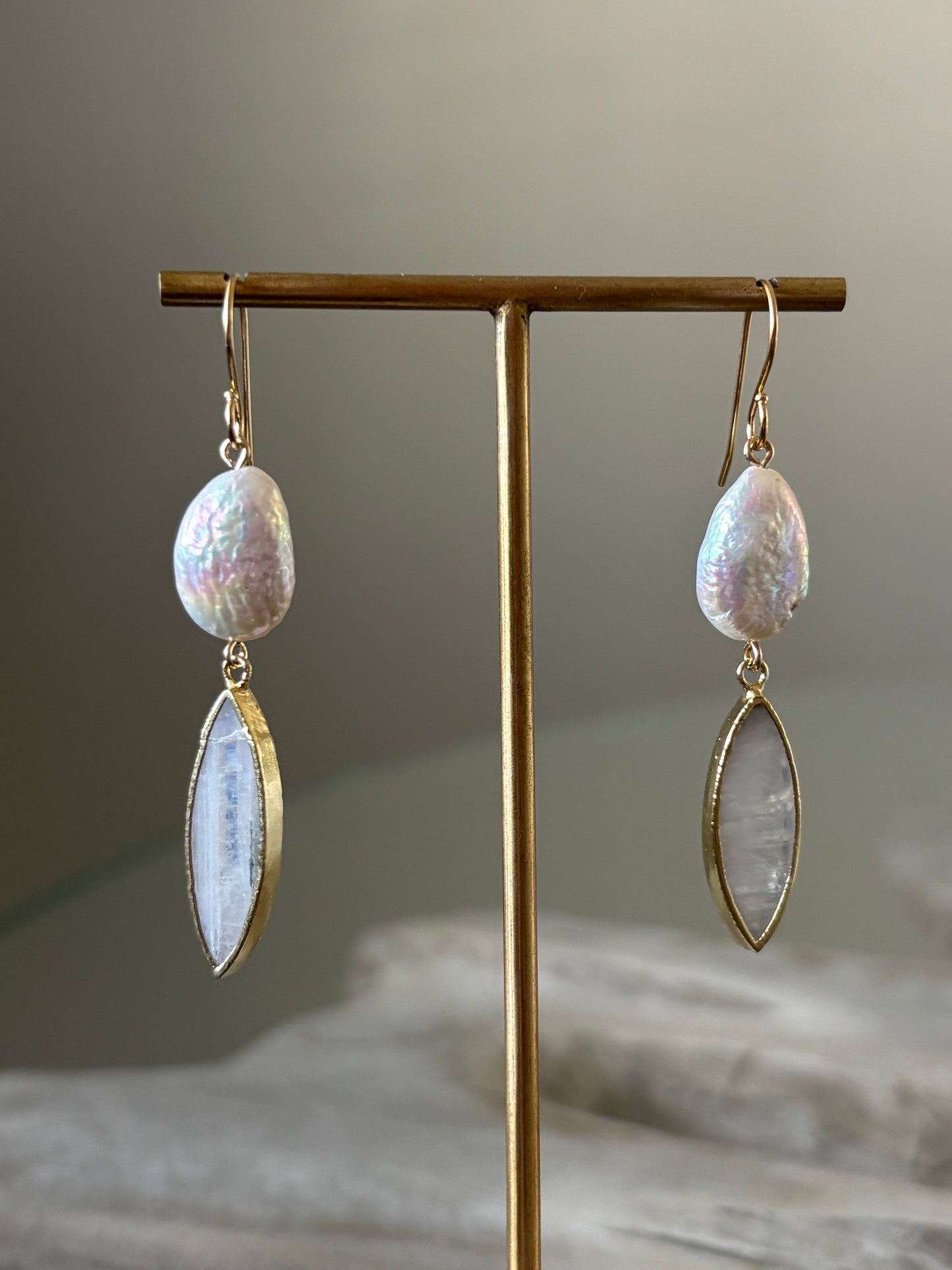 Rainbow Moonstone and Pearl Earrings
