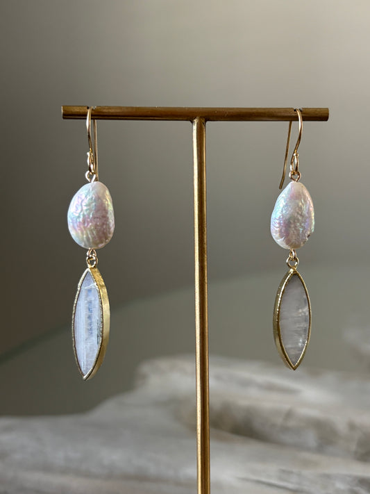Rainbow Moonstone and Pearl Earrings
