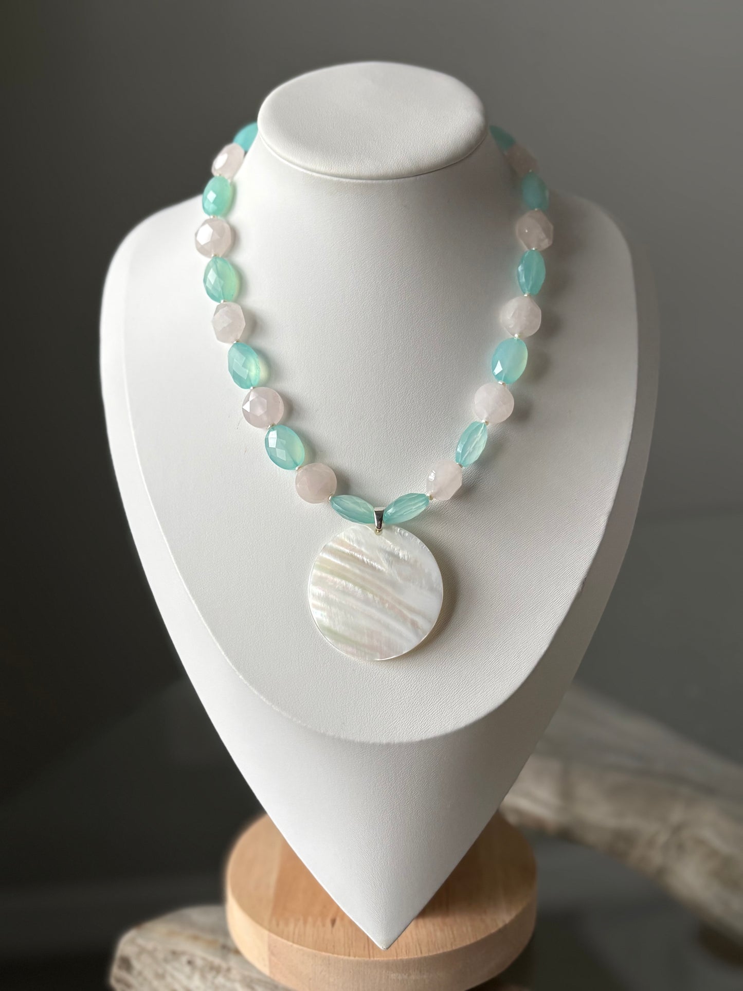 Rose Quartz Chalcedony and Mother of Pearl Necklace