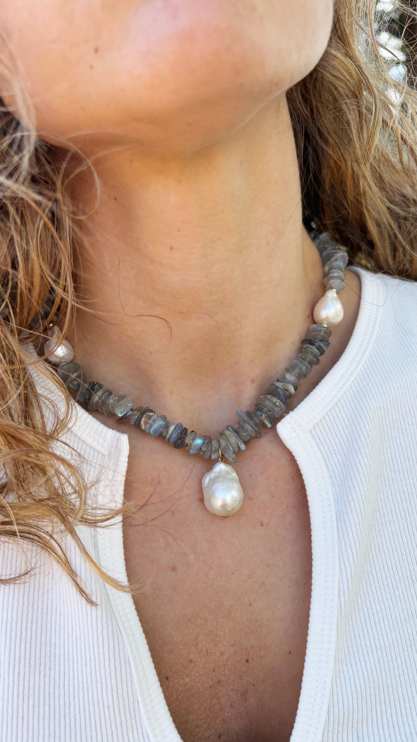 Labradorite Chip and Pearl Necklace