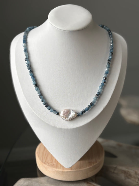 Dark Aquamarine and Pearl Necklace