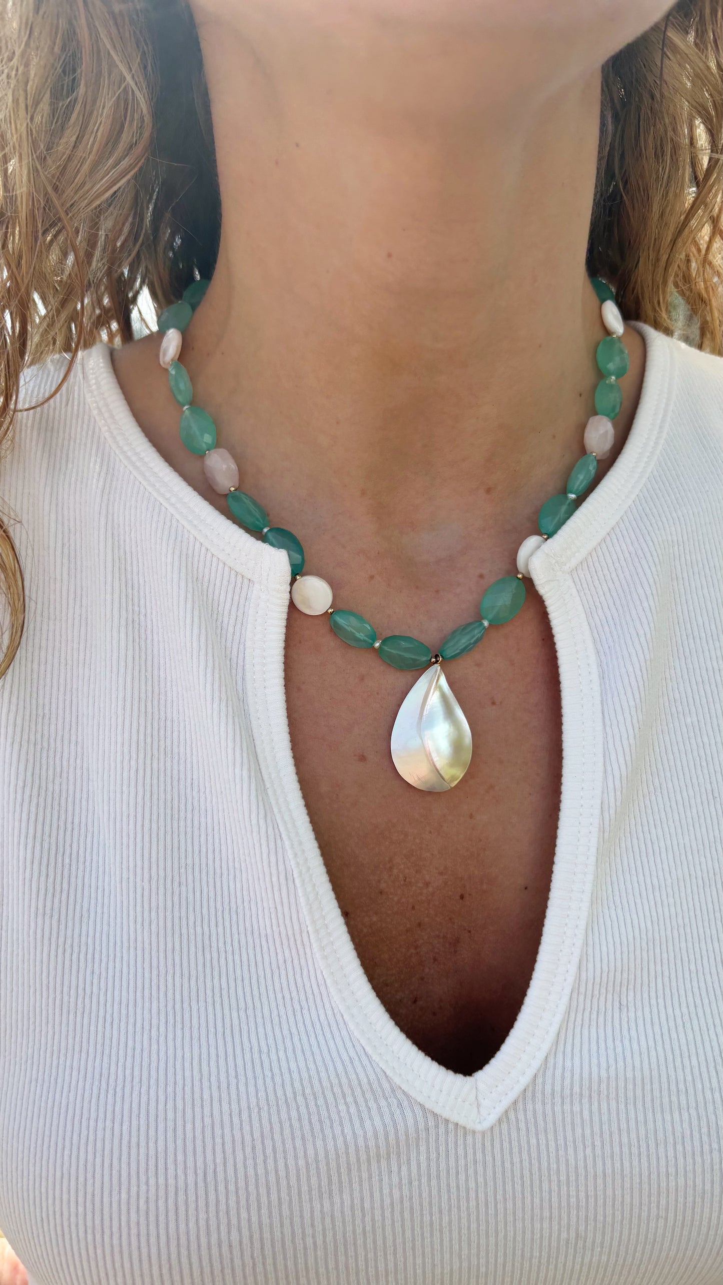 Rose Quartz Chalcedony and Mother of Pearl Necklace