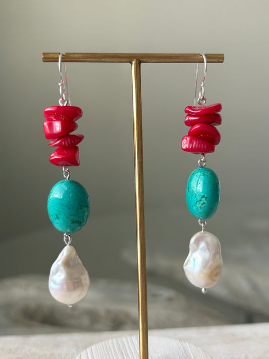 Coral Pearl and Howlite Earrings