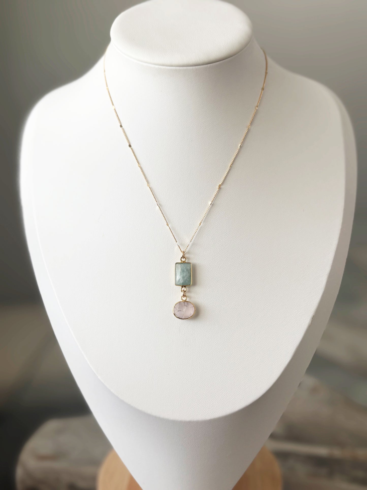 Aquamarine and Rose Quartz Chain Necklace