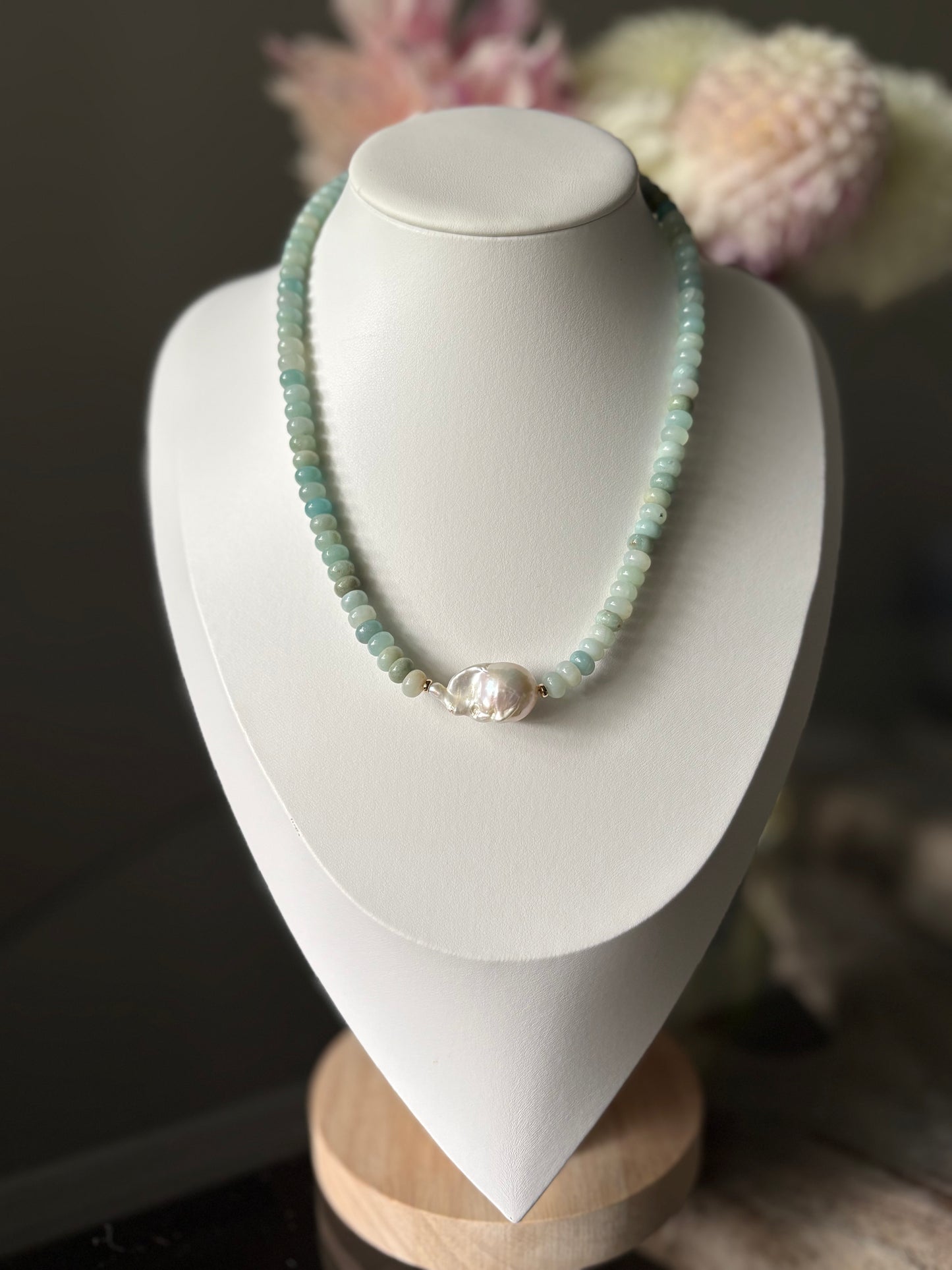 Amazonite Rondelle Baroque Pearl Necklace