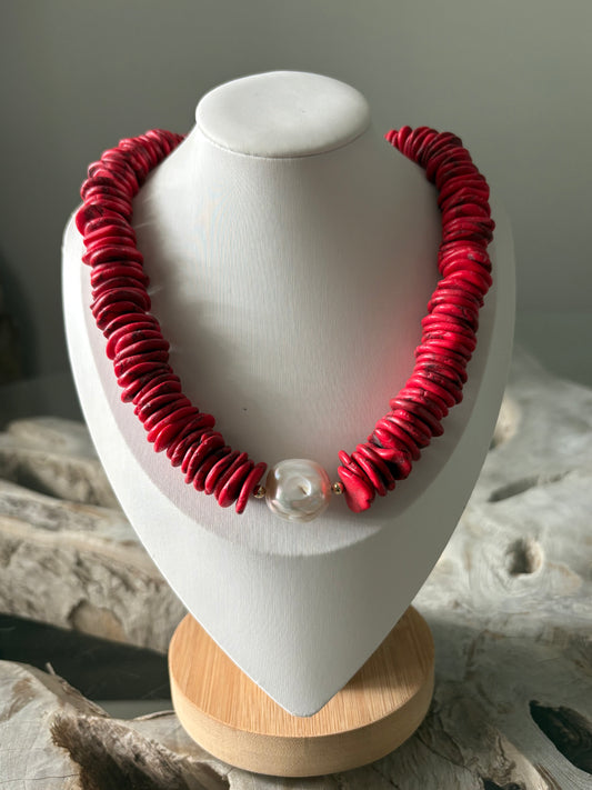 Red Magnesite and Pearl Necklace