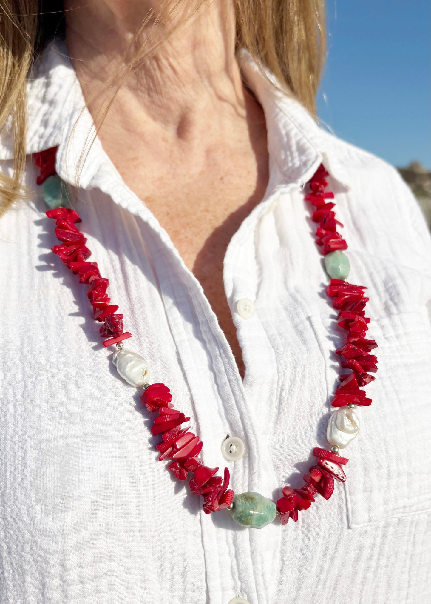 Coral, Amazonite and Pearl Necklace