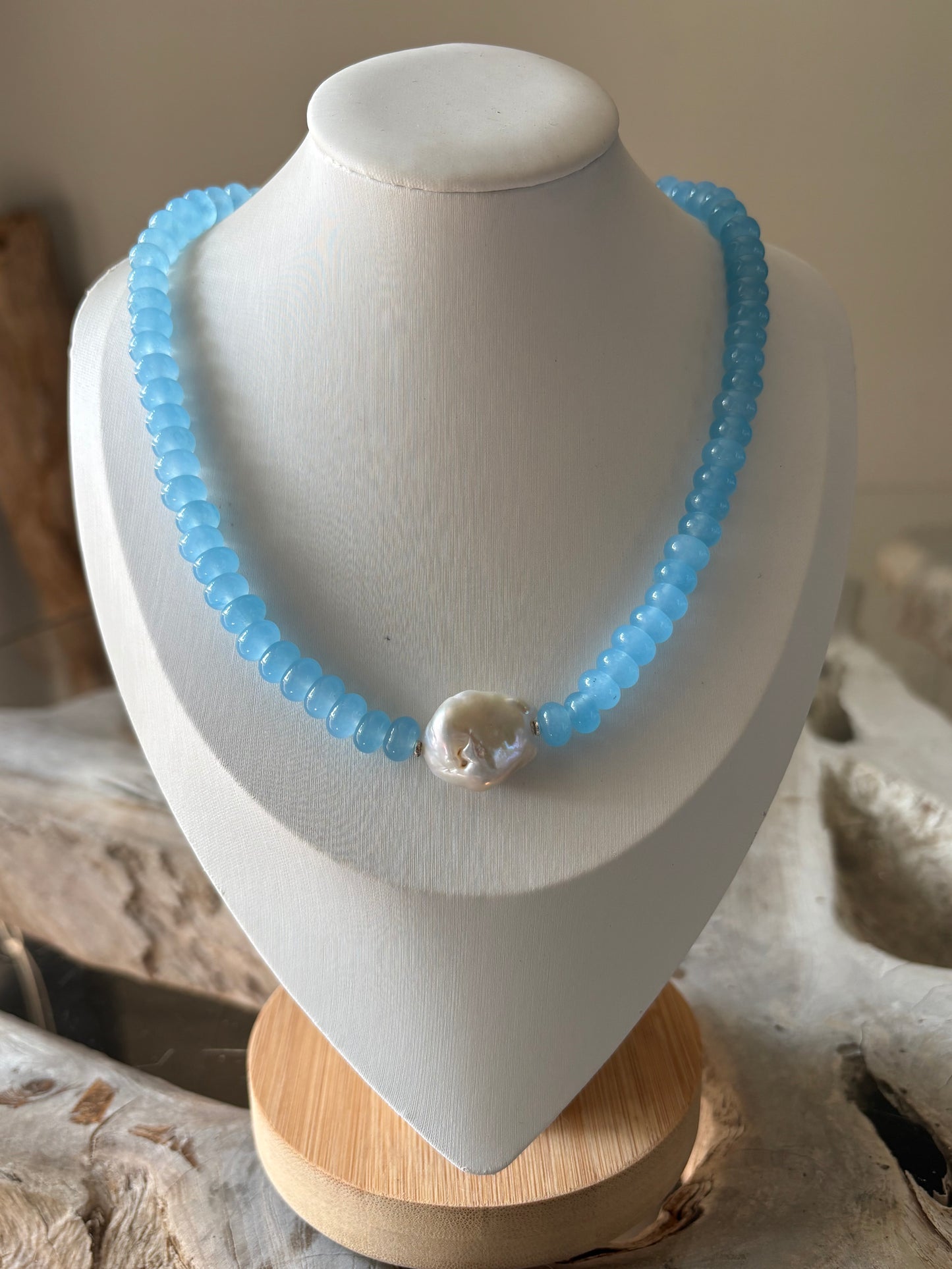 Blue Jade and Pearl Necklace