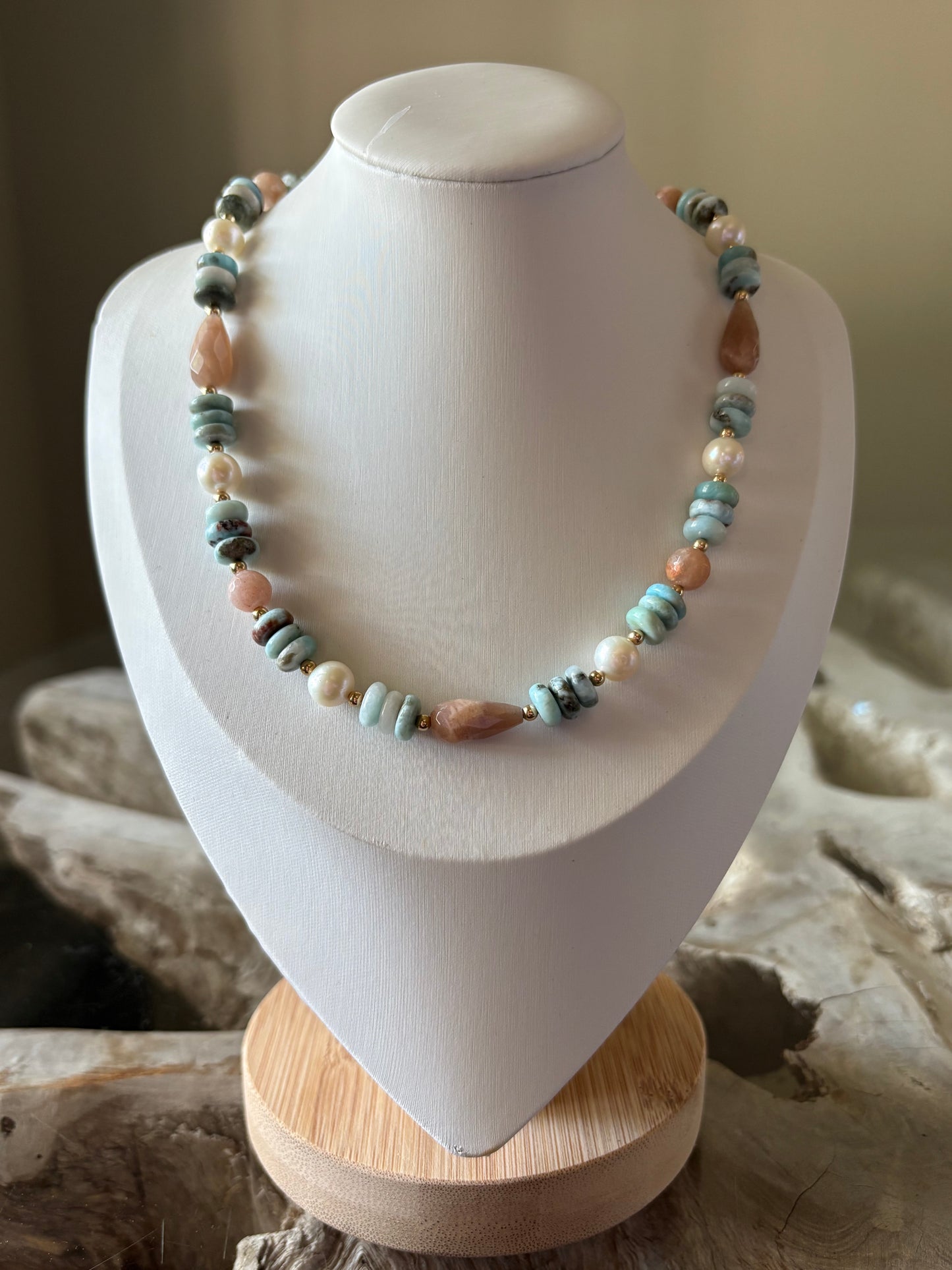 Larimar, Pearl and Peach Moonstone Necklace