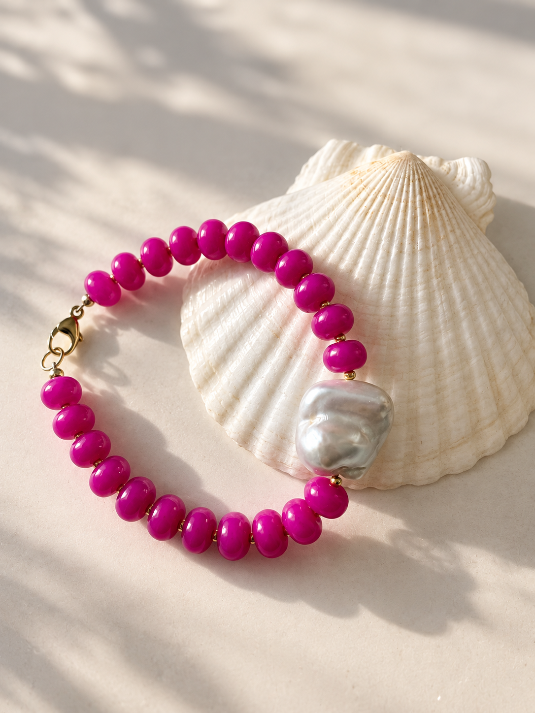 Fuchsia Jade and Pearl Bracelet