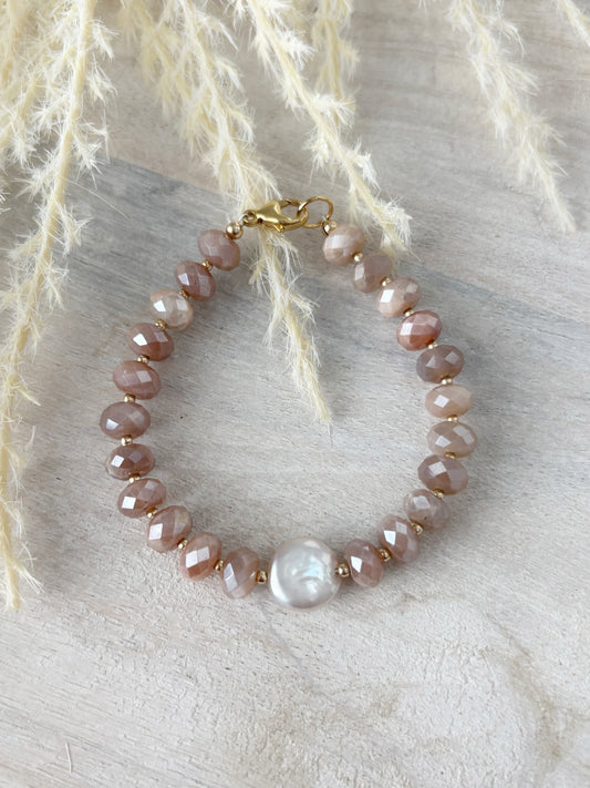 Peach Moonstone and Pearl Bracelet