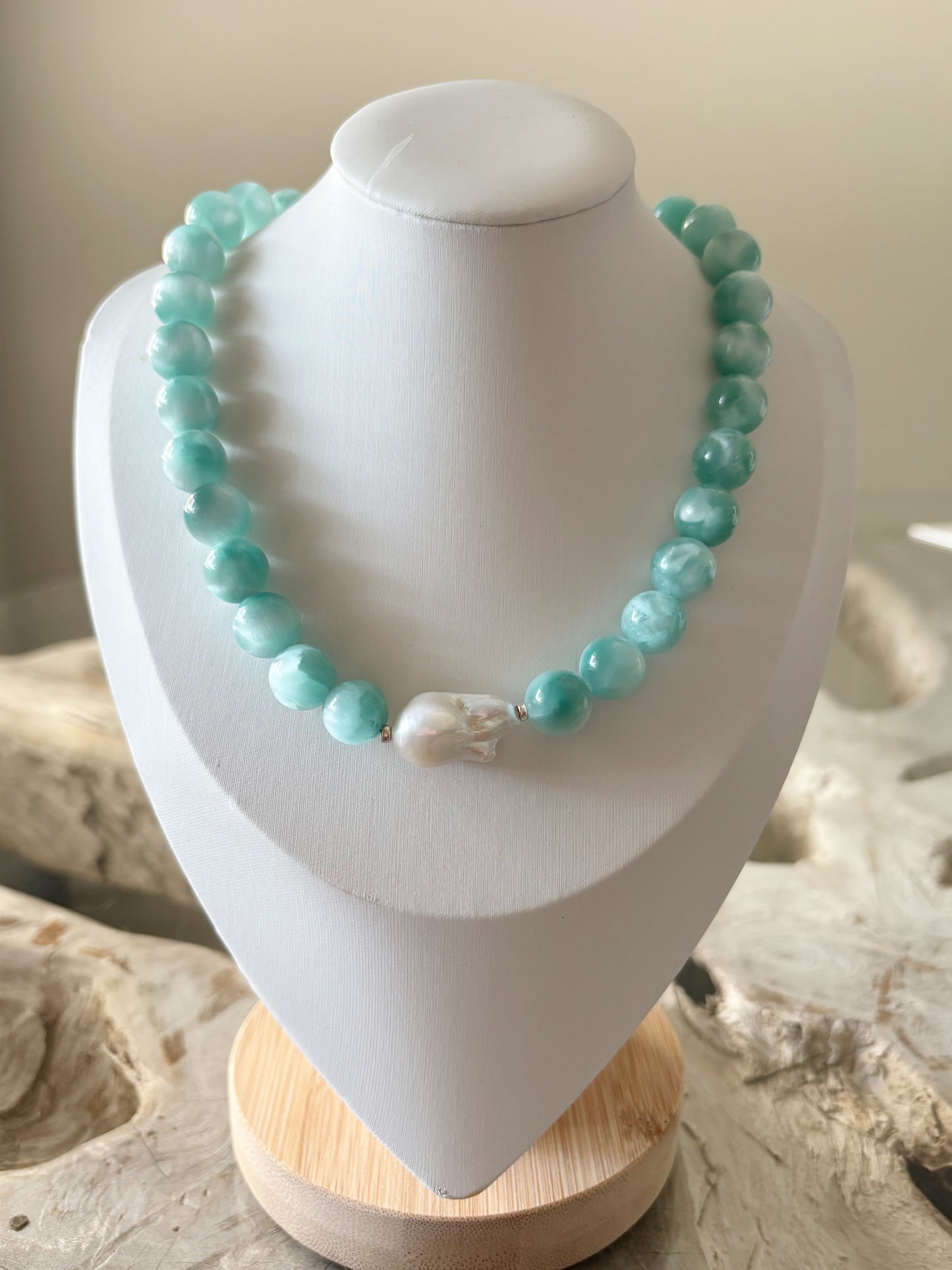 Green Moonstone and Pearl Necklace