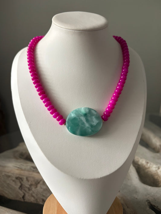 Fuchsia Jade and Green Moonstone Necklace