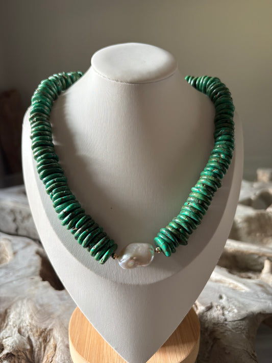 Green Magnesite and Pearl Necklace