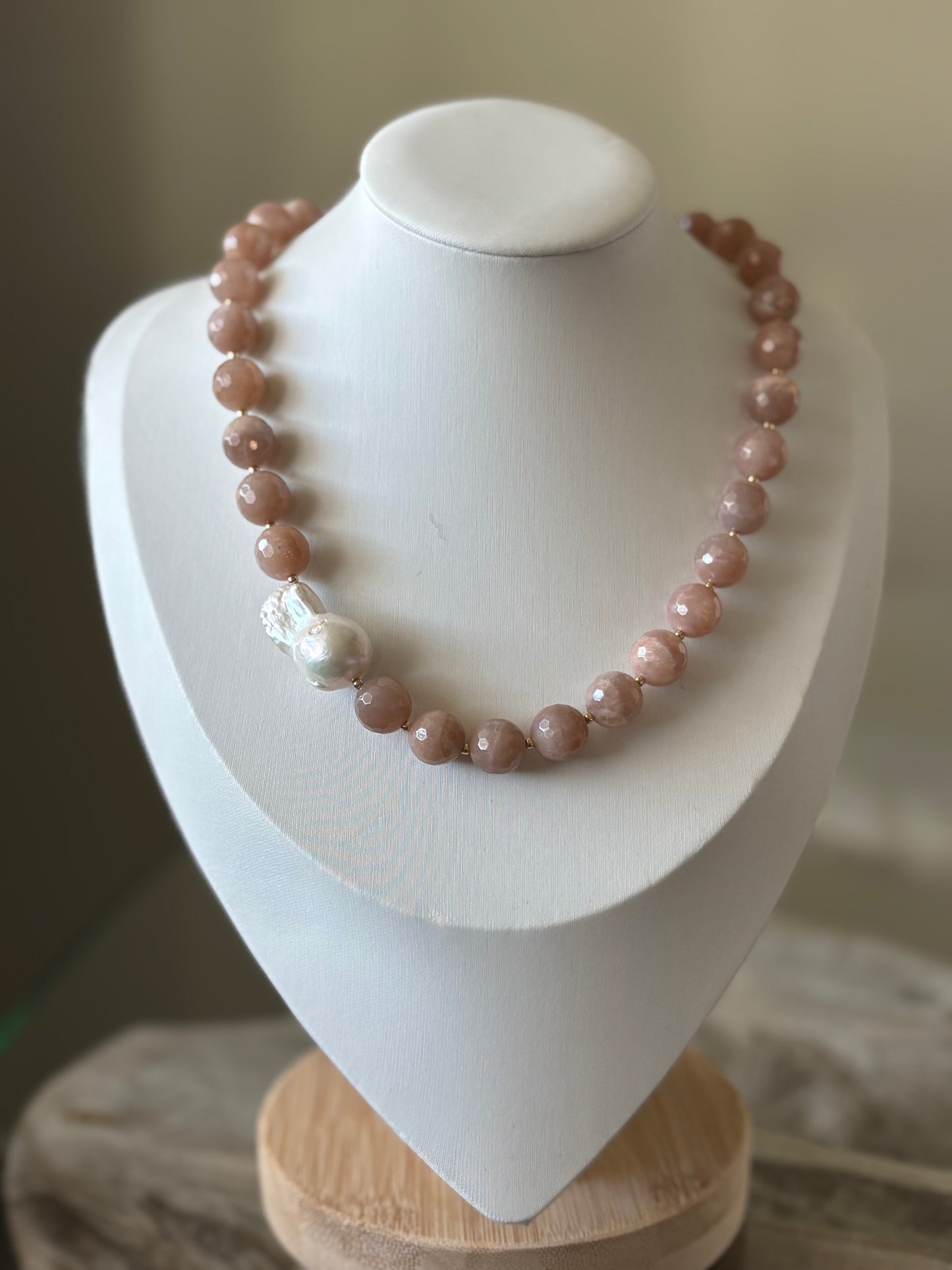 Peach Moonstone and Pearl Necklace