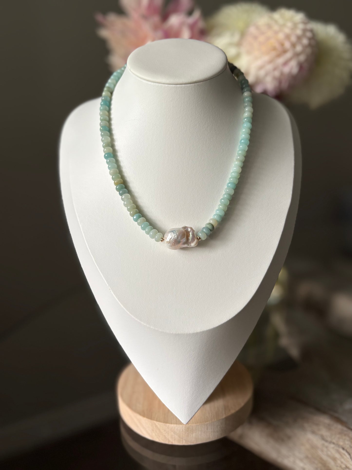 Amazonite Rondelle Baroque Pearl Necklace