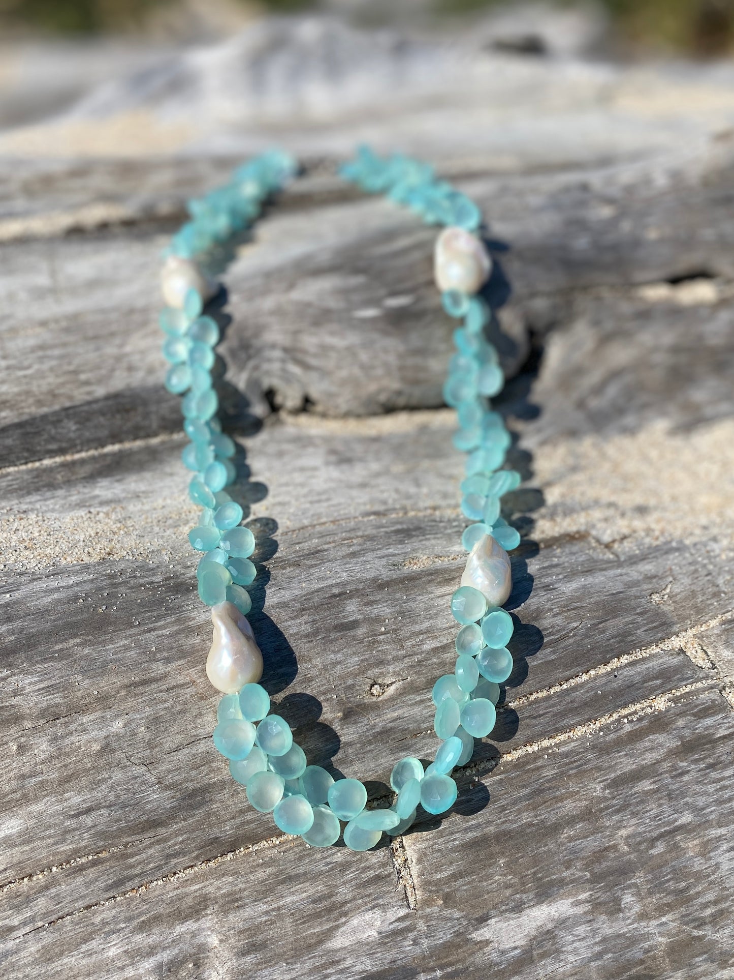 Aqua Chalcedony And Pearl Droplet Necklace