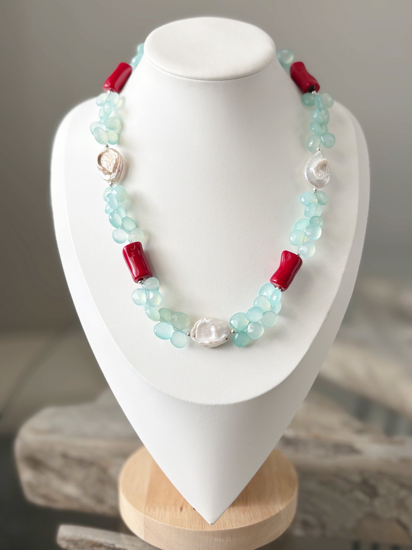 Chalcedony, Pearl and Coral Necklace