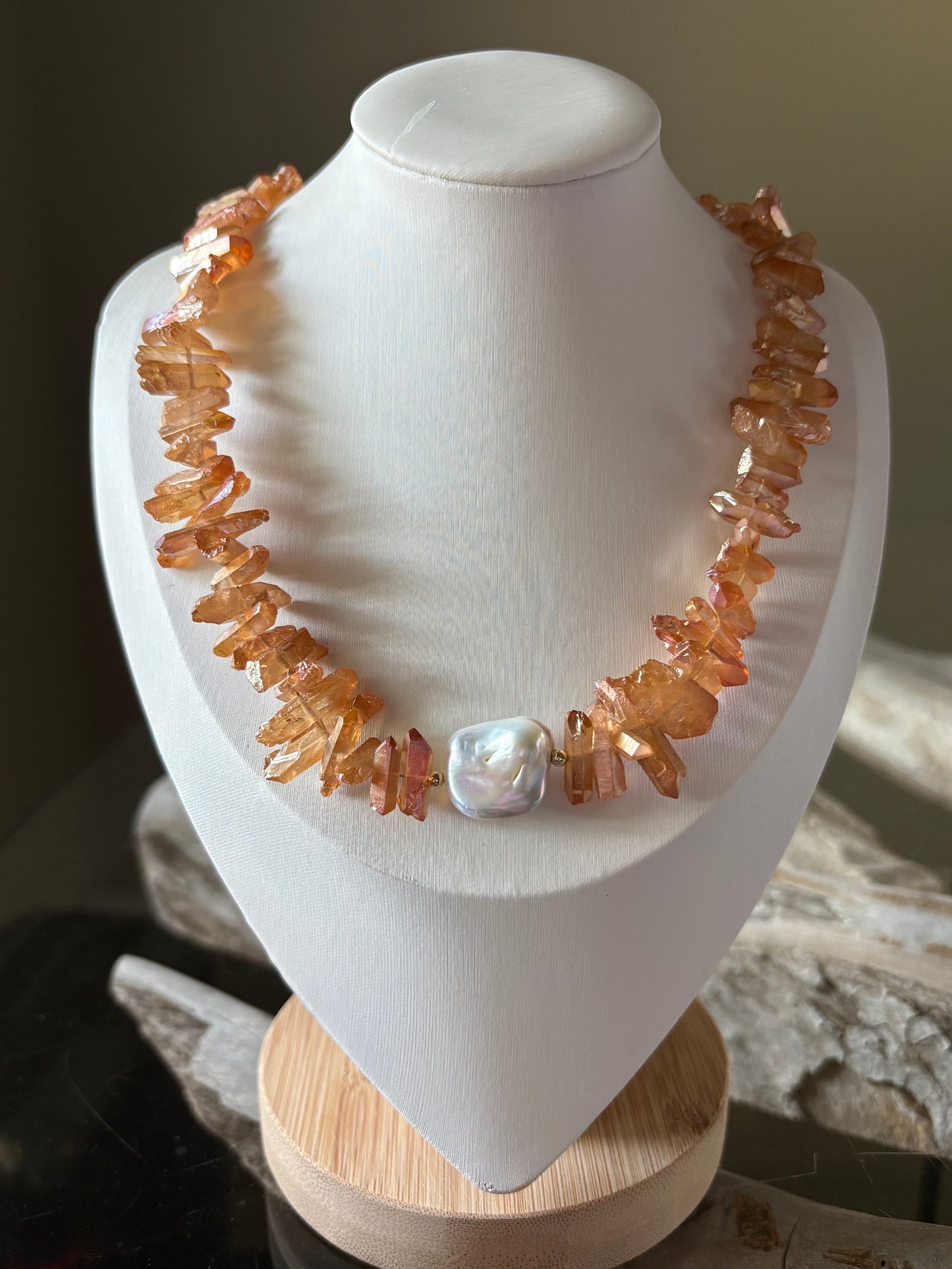 Peach Quartz and Pearl Necklace