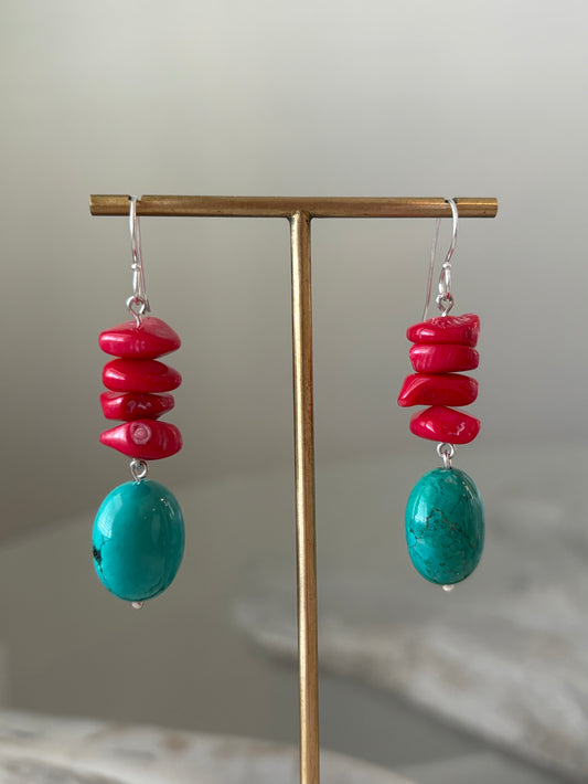 Coral and Howlite Turquoise Earrings