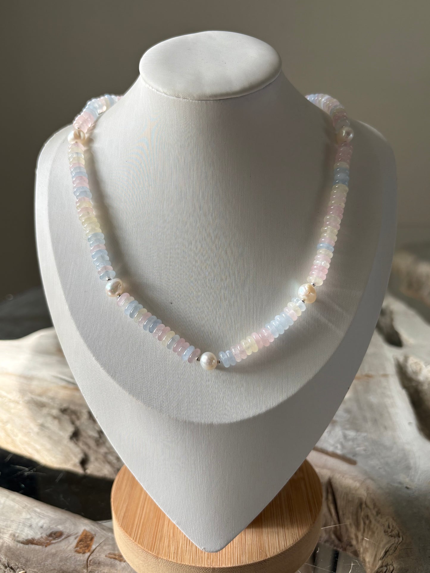 Light Morganite Jade and Pearl Necklace