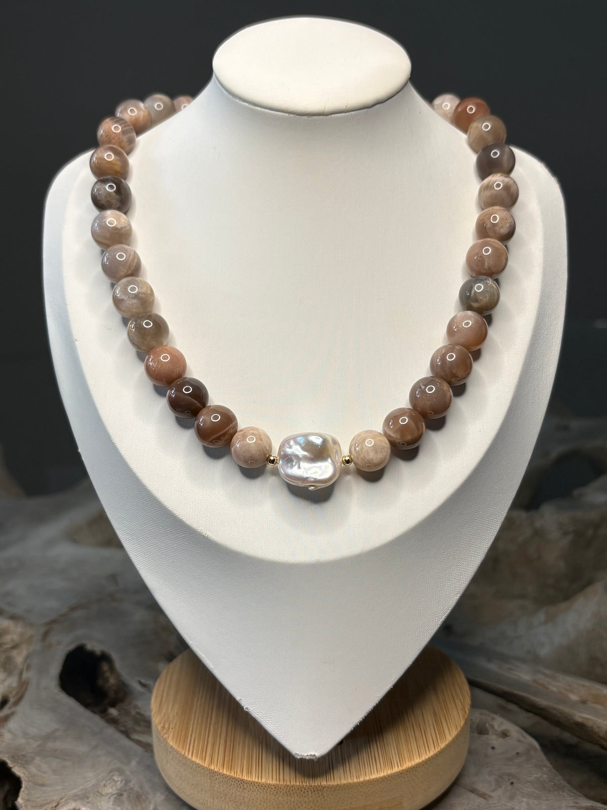 Peach Moonstone and Pearl Necklace
