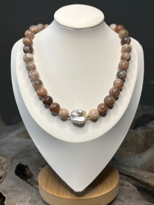 Peach Moonstone and Pearl Necklace