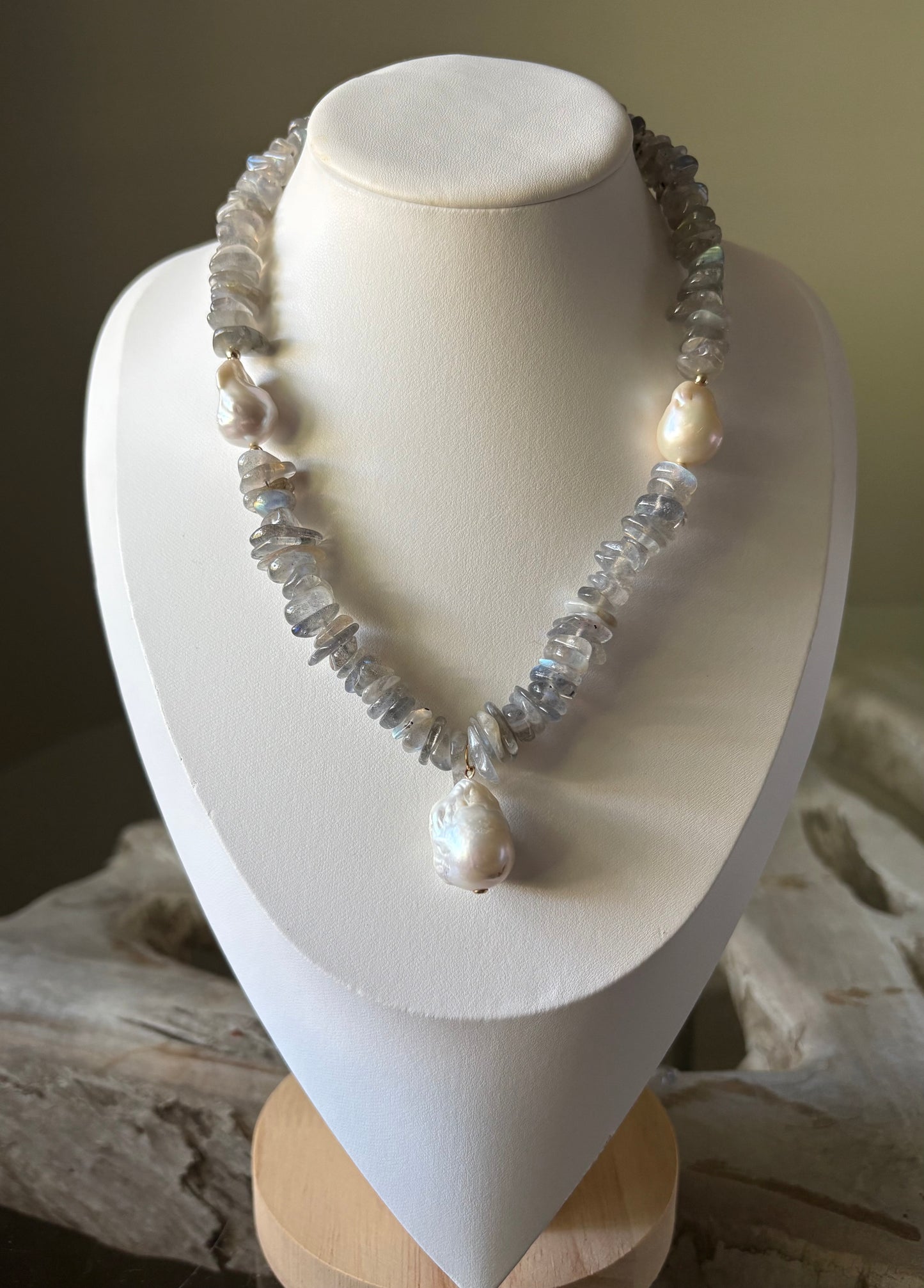 Labradorite Chip and Pearl Necklace
