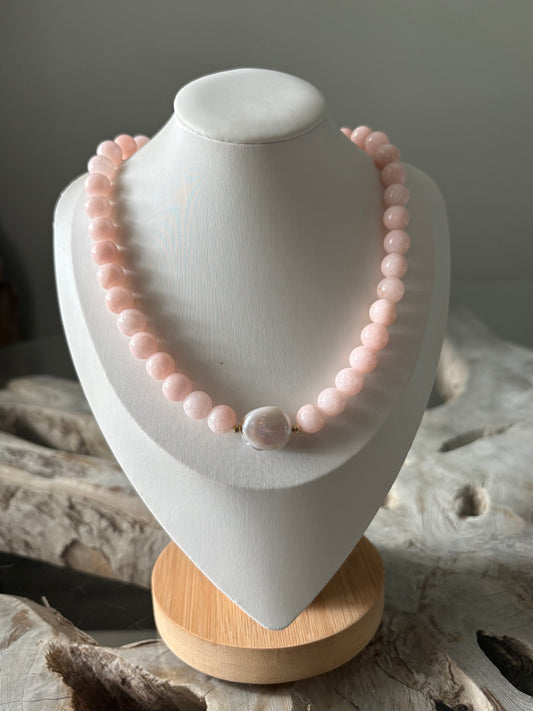 Bubble Gum Pink Jade and Pearl Necklace