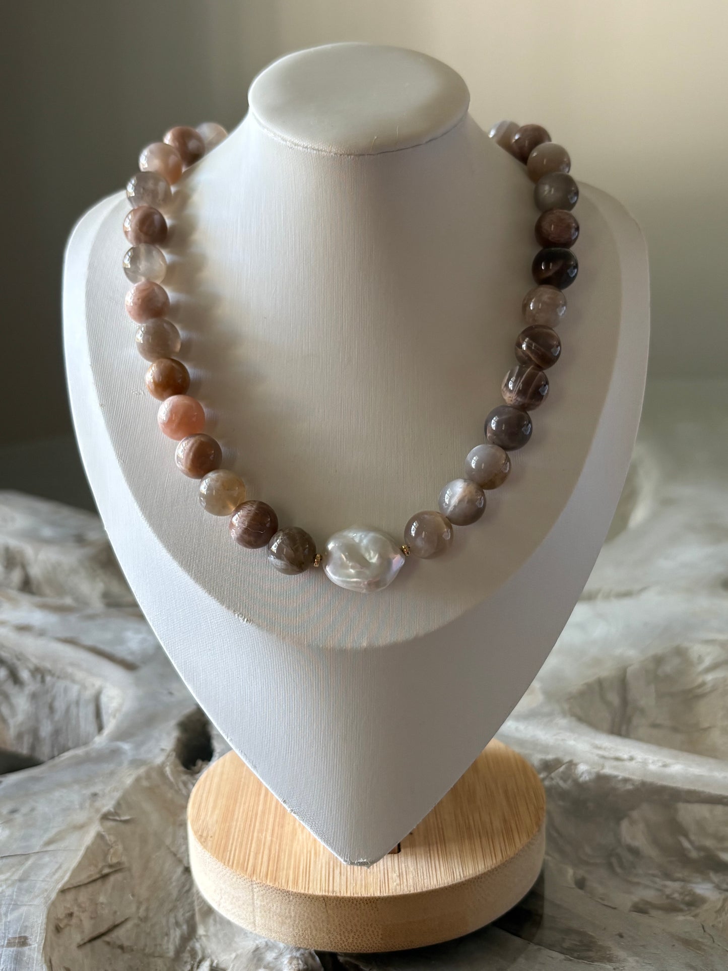 Peach Moonstone and Pearl Necklace