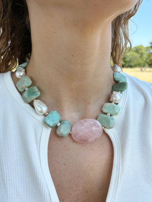 Amazonite, Rose Quartz and Pearl Necklace
