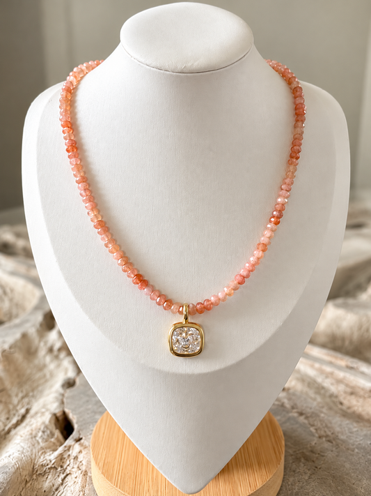 Peach Moonstone and Cubic Zirconia Necklace