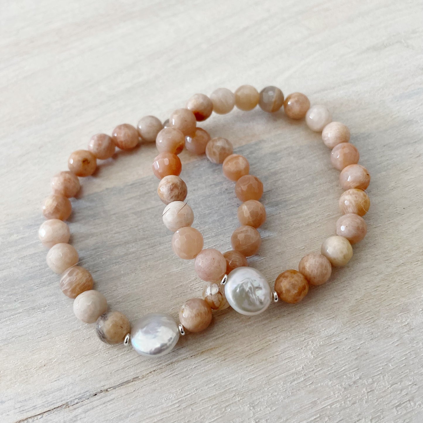Pink Moonstone and Coin Pearl Bracelet