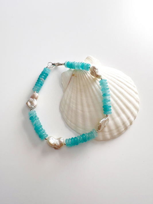Aqua Jade and Pearl Bracelet