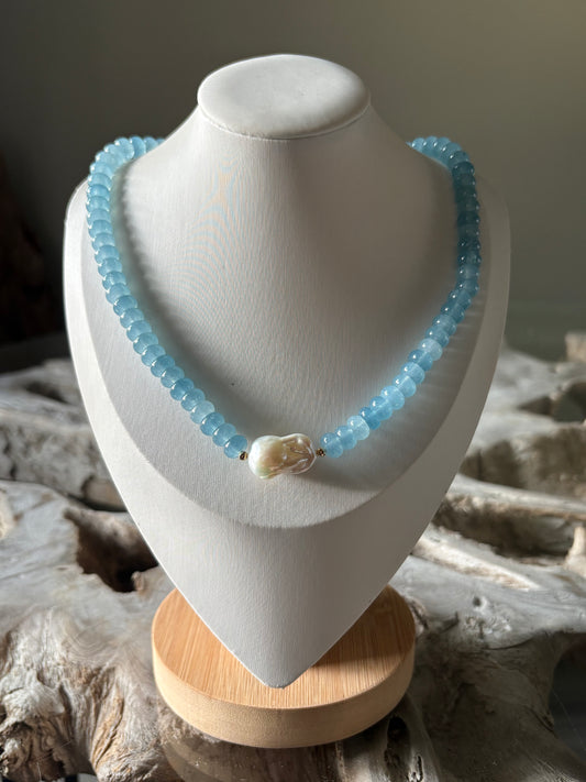 Pale Blue Jade and Pearl Gold Necklace