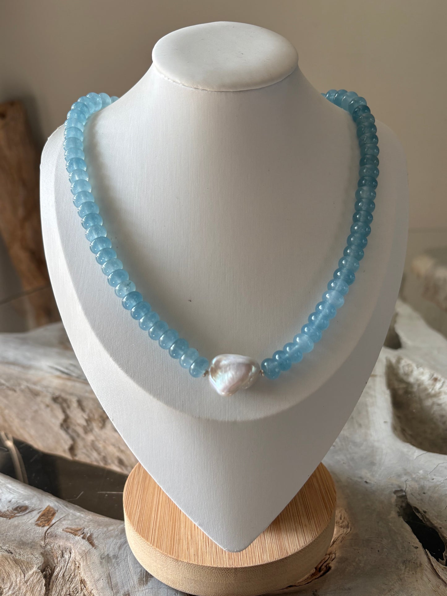 Pale Blue Jade and Pearl Necklace
