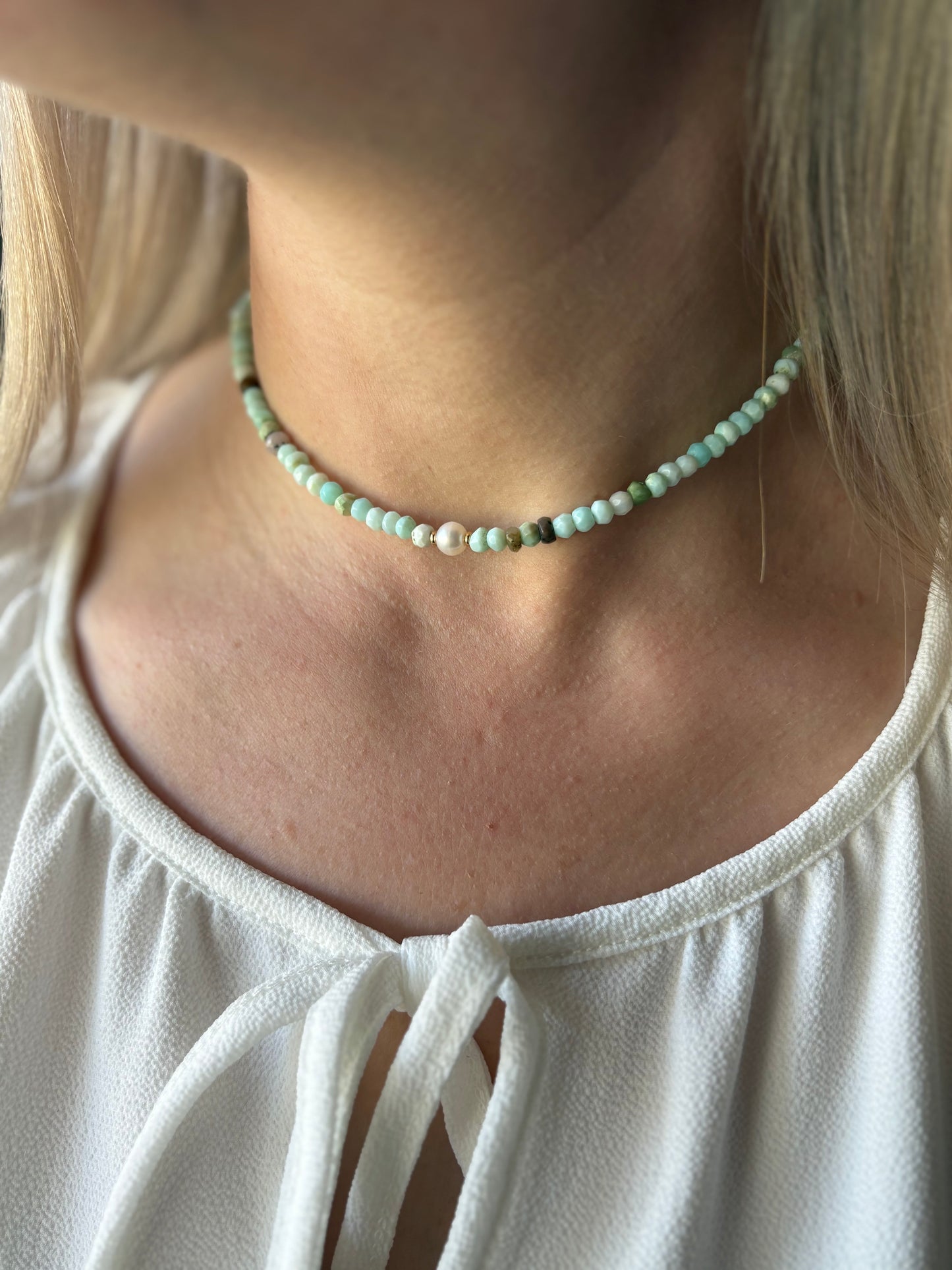 Peruvian Opal Pearl Choker 14 inch on a model