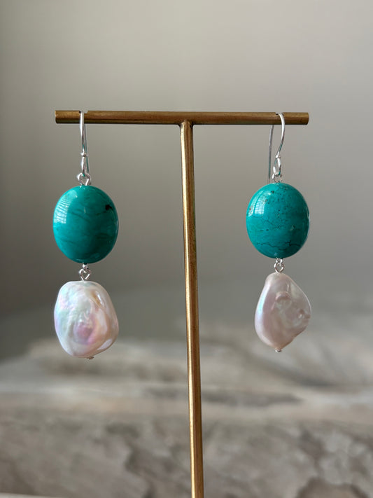 Howlite Turquoise and Pearl Earrings