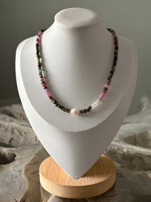 Tourmaline Cube and Pearl Necklace