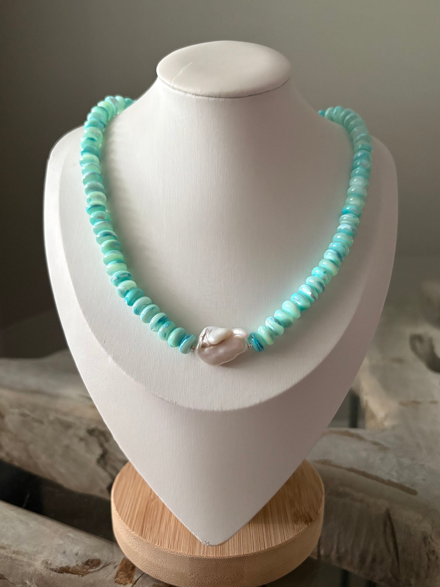 Blue Mother of Pearl and Pearl Necklace