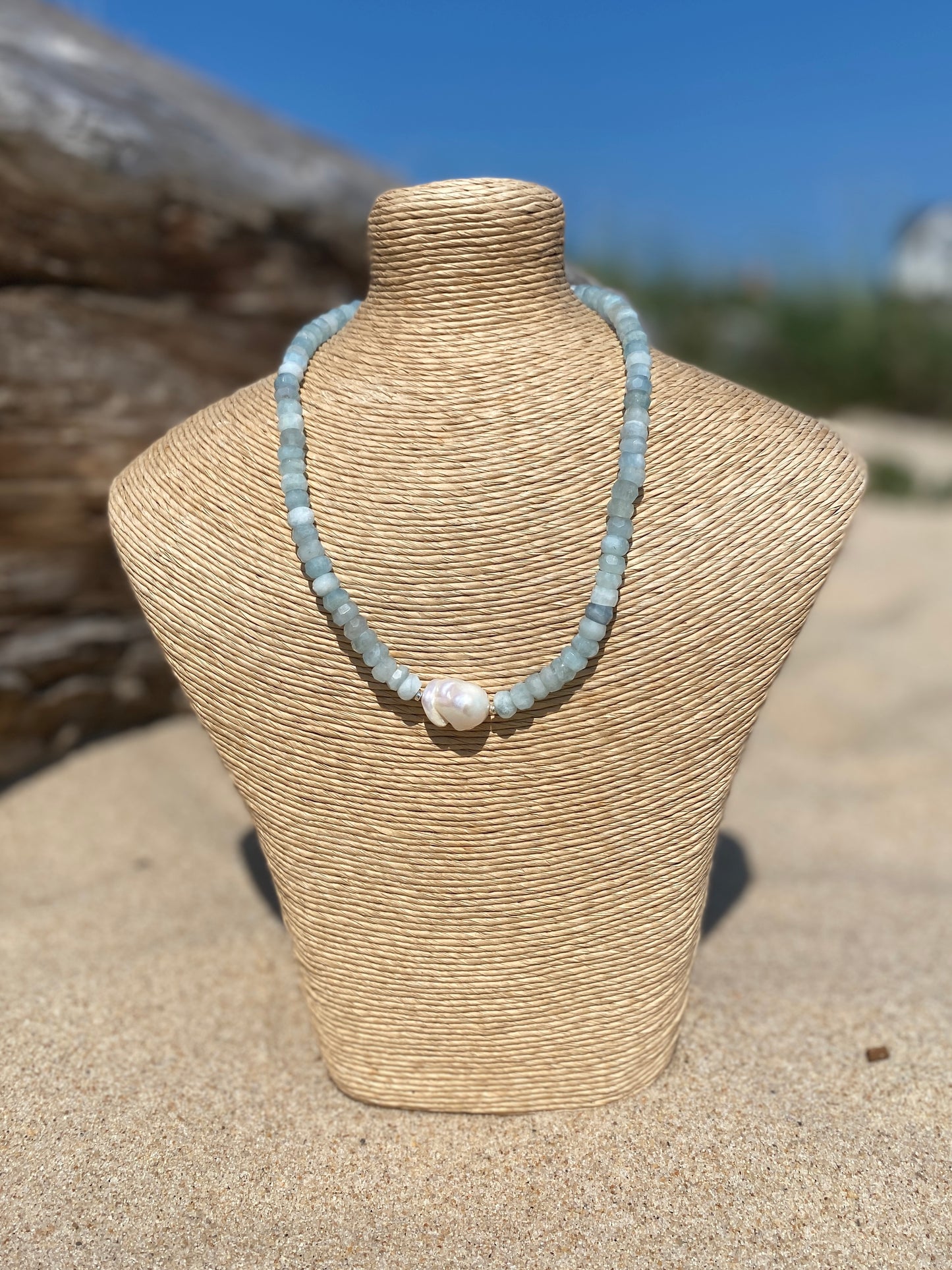 Aquamarine Rondell and Pearl Necklace