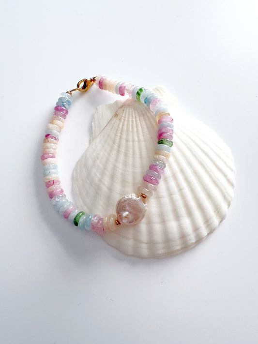 Morganite Jade and Coin Pearl Bracelet